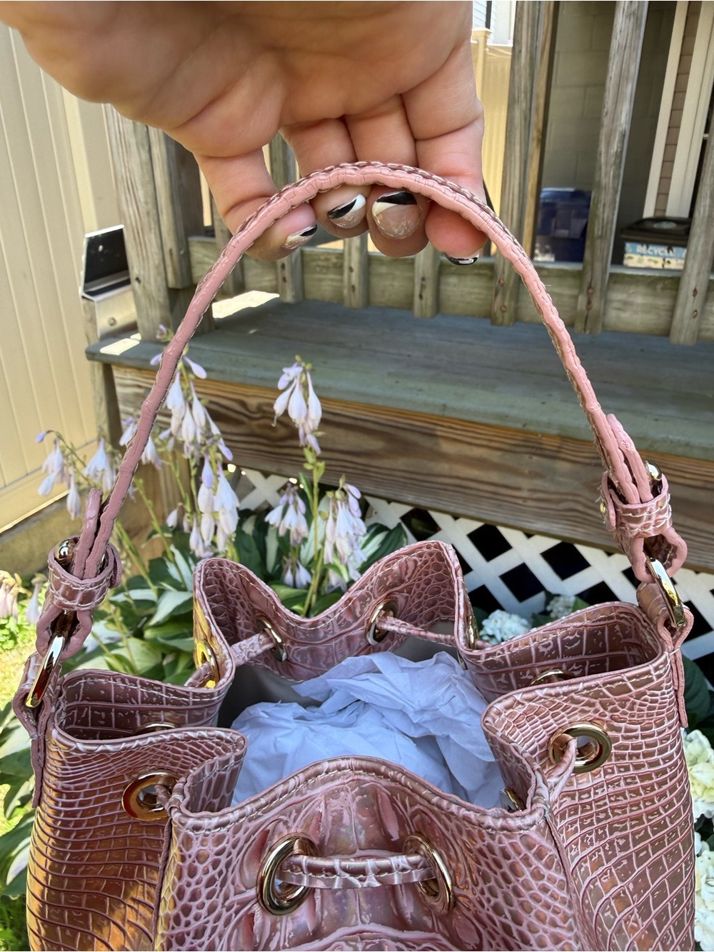 Brahmin Melinda Croc Embossed Rose Gold Melbourne Bucket Shoulder Crossbody Bag - Picture 7 of 12